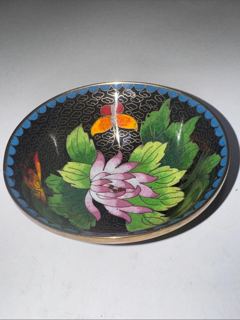 Cloisonne Enamel Brass Trinket Bowl Floral Butterfly Design 1960s 4.25” diameter